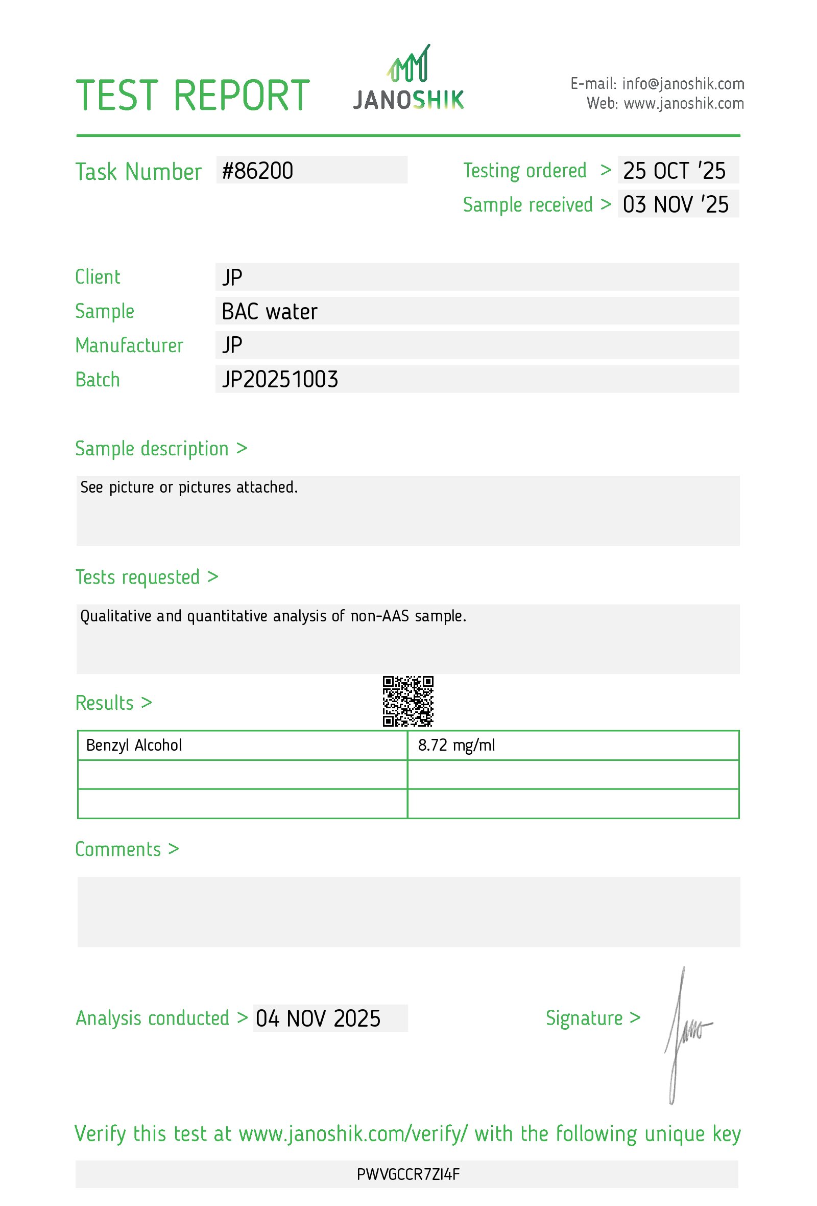 Bacteriostatic Water COA